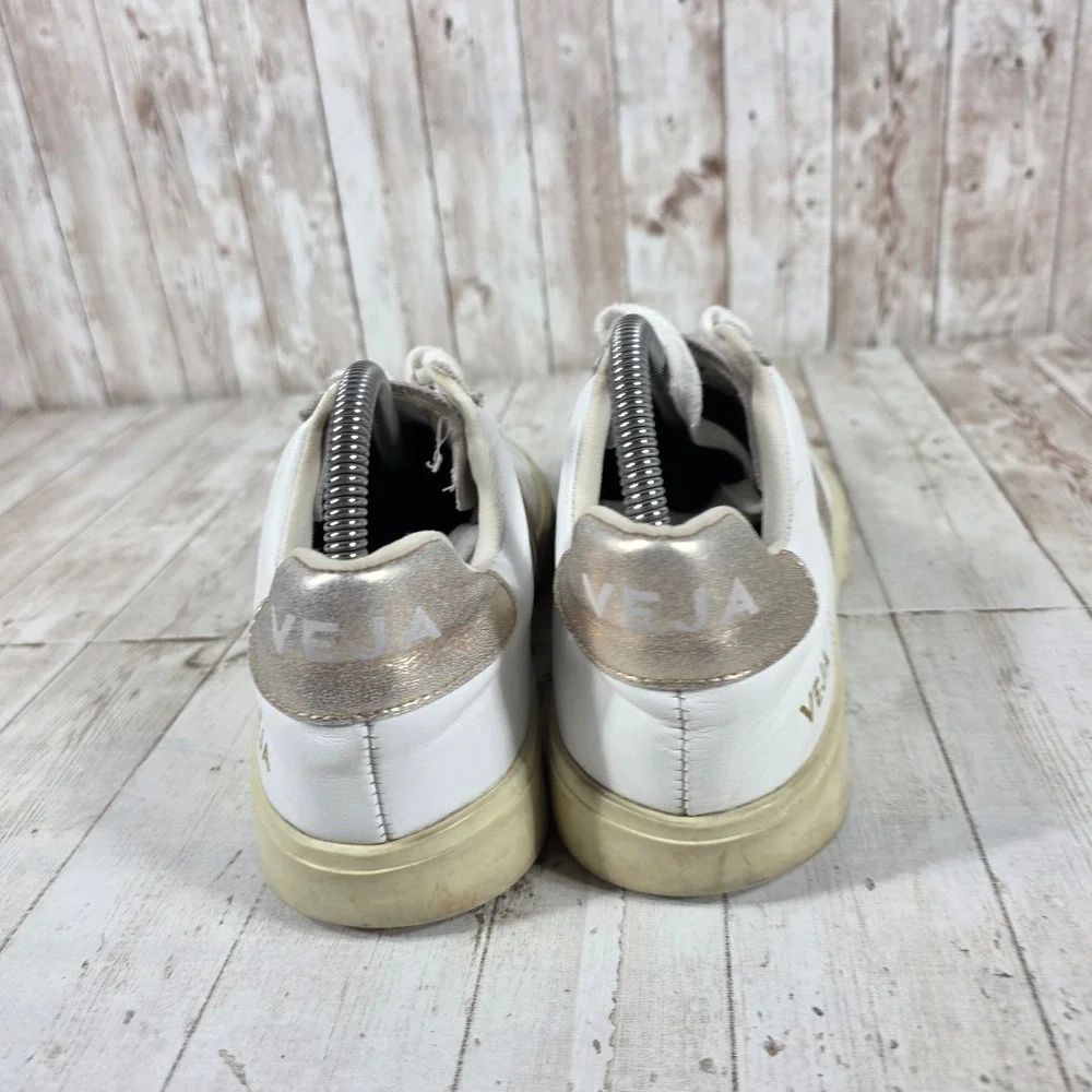 Veja Esplar White Leather Metallic Gold Low Top Sneakers Womens Size 10 EUR 41